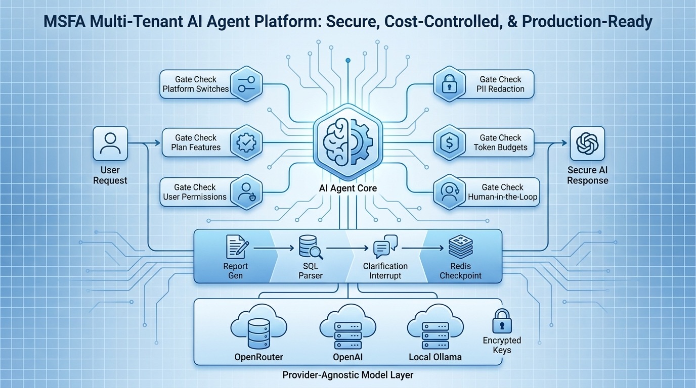 Architecture diagram: a user request passes gate checks for platform switches, plan features and user permissions, then reaches the AI agent core, which applies PII redaction, token budgets and human-in-the-loop checks. The agent runs report generation, a SQL parser, clarification interrupts and Redis checkpoints, on a provider-agnostic model layer (OpenRouter, OpenAI, local Ollama) with encrypted keys.